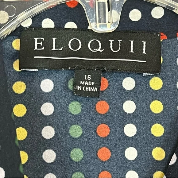 Eloquii Tie Neck Blue Multi Color Polka Dot Retro Career Office Blouse Size 16 - Picture 7 of 12